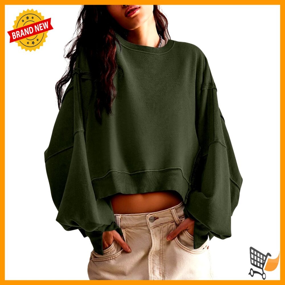 Crop Sweatshirt Long Sleeve Crewneck Loose Fit Side Slit Casual Pullover Top